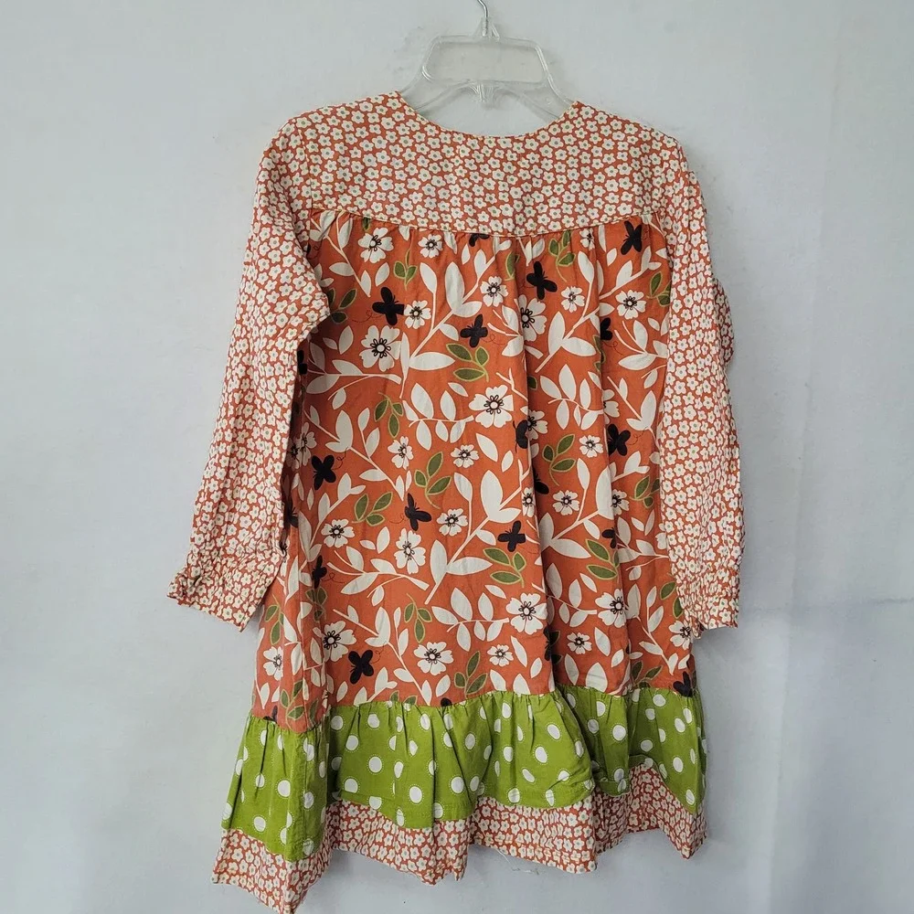 Jelly the Pug Renee Ruffle Dress Girls 10‎ Orange Floral Polka Dot Long Sleeve